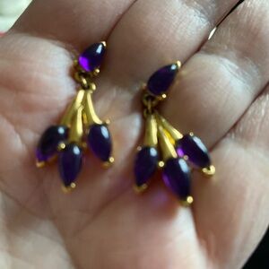 Vintage Trifari Purple Drop Earrings – Gold Tone – Marquise Cluster – Signed